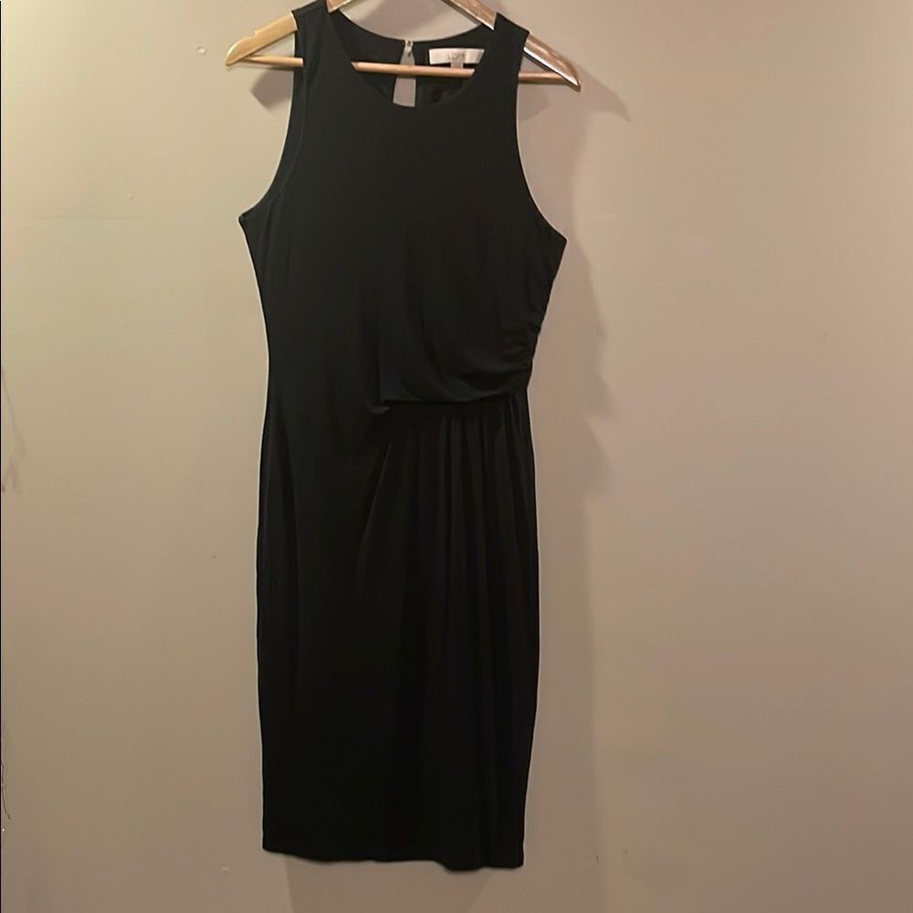 LOFT Black Ruched Tie Front Midi Dress